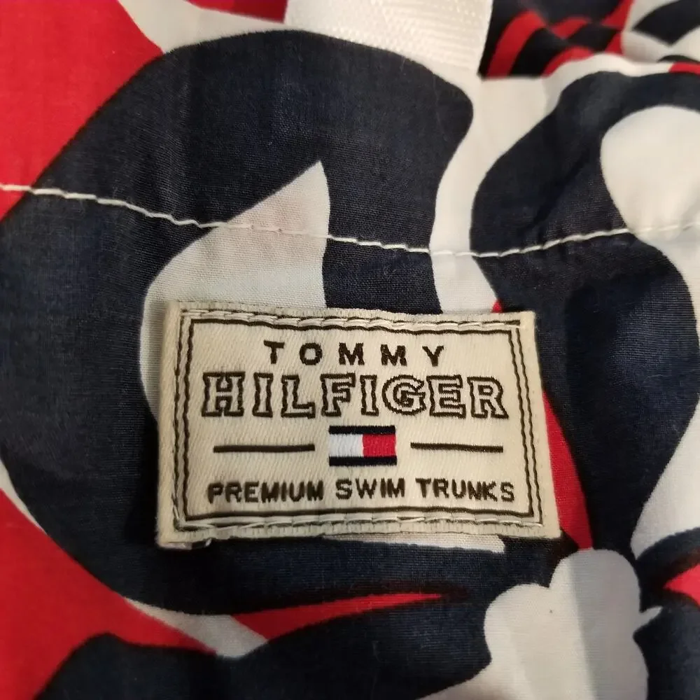 Tommy Hilfiger Men's Mesh Lined Swim Trunks Board Shorts Red White Blue Large
